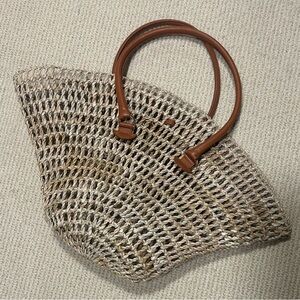 Braided Neutral Straw Tote with Brown Leather Handles
